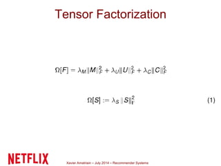 Xavier Amatriain – July 2014 – Recommender Systems
Tensor Factorization
 