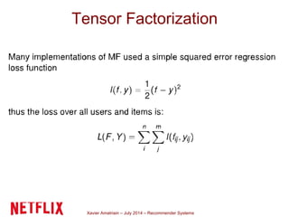 Xavier Amatriain – July 2014 – Recommender Systems
Tensor Factorization
 