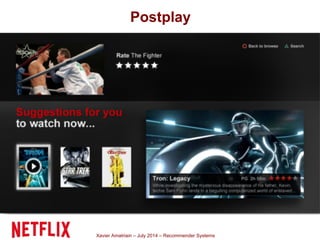 Xavier Amatriain – July 2014 – Recommender Systems
Postplay
 