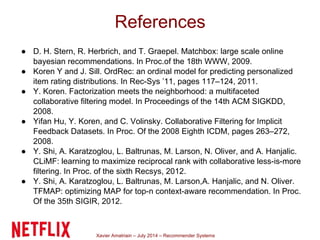 Xavier Amatriain – July 2014 – Recommender Systems
● D. H. Stern, R. Herbrich, and T. Graepel. Matchbox: large scale online
bayesian recommendations. In Proc.of the 18th WWW, 2009.
● Koren Y and J. Sill. OrdRec: an ordinal model for predicting personalized
item rating distributions. In Rec-Sys ’11, pages 117–124, 2011.
● Y. Koren. Factorization meets the neighborhood: a multifaceted
collaborative filtering model. In Proceedings of the 14th ACM SIGKDD,
2008.
● Yifan Hu, Y. Koren, and C. Volinsky. Collaborative Filtering for Implicit
Feedback Datasets. In Proc. Of the 2008 Eighth ICDM, pages 263–272,
2008.
● Y. Shi, A. Karatzoglou, L. Baltrunas, M. Larson, N. Oliver, and A. Hanjalic.
CLiMF: learning to maximize reciprocal rank with collaborative less-is-more
filtering. In Proc. of the sixth Recsys, 2012.
● Y. Shi, A. Karatzoglou, L. Baltrunas, M. Larson,A. Hanjalic, and N. Oliver.
TFMAP: optimizing MAP for top-n context-aware recommendation. In Proc.
Of the 35th SIGIR, 2012.
References
 
