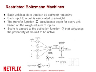 Xavier Amatriain – July 2014 – Recommender Systems
Restricted Boltzmann Machines
● Each unit is a state that can be active or not active
● Each input to a unit is associated to a weight
● The transfer function calculates a score for every unit
based on the weighted sum of inputs
● Score is passed to the activation function that calculates
the probability of the unit to be active
 