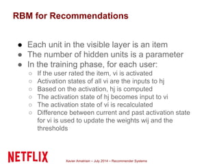 Xavier Amatriain – July 2014 – Recommender Systems
RBM for Recommendations
● Each unit in the visible layer is an item
● The number of hidden units is a parameter
● In the training phase, for each user:
○ If the user rated the item, vi is activated
○ Activation states of all vi are the inputs to hj
○ Based on the activation, hj is computed
○ The activation state of hj becomes input to vi
○ The activation state of vi is recalculated
○ Difference between current and past activation state
for vi is used to update the weights wij and the
thresholds
 