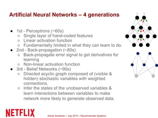 Xavier Amatriain – July 2014 – Recommender Systems
Artificial Neural Networks – 4 generations
● 1st - Perceptrons (~60s)
○...