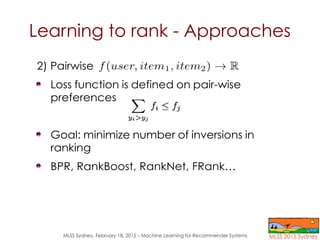 MLSS Sydney, February 18, 2015 – Machine Learning for Recommender Systems
Learning to rank - Approaches
2) Pairwise
Loss f...