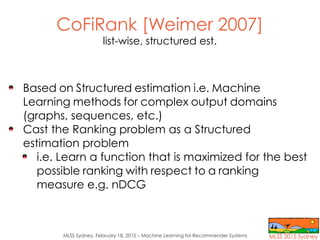 MLSS Sydney, February 18, 2015 – Machine Learning for Recommender Systems
CoFiRank [Weimer 2007]
list-wise, structured est...