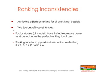 MLSS Sydney, February 18, 2015 – Machine Learning for Recommender Systems
Ranking Inconsistencies
Achieving a perfect rank...