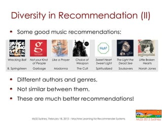 MLSS Sydney, February 18, 2015 – Machine Learning for Recommender Systems
Diversity in Recommendation (II)
Some good music...