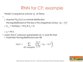 MLSS Sydney, February 18, 2015 – Machine Learning for Recommender Systems
RNN for CF: example
Predict a sequence (vector y...