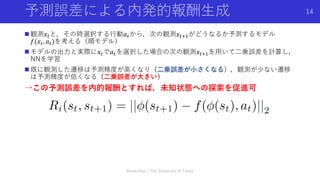  観測𝑥𝑡と，その時選択する行動𝑎 𝑡から，次の観測𝑥𝑡+1がどうなるか予測するモデル
𝑓(𝑥𝑡, 𝑎 𝑡)を考える（順モデル）
 モデルの出力と実際に𝑥𝑡で𝑎 𝑡を選択した場合の次の観測𝑥𝑡+1を用いて二乗誤差を計算し，
NNを学習
 既に観測した遷移は予測精度が高くなり（二乗誤差が小さくなる），観測が少ない遷移
は予測精度が低くなる（二乗誤差が大きい）
→この予測誤差を内的報酬とすれば，未知状態への探索を促進可
予測誤差による内発的報酬生成
Shota Imai | The University of Tokyo
14
 