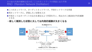 その他の内発的報酬生成方式 / 二つのネットワークの蒸留と出力予測
RND（Random Network Distillation）
 二つのネットワーク，ターゲットネットワーク，予測ネットワークを用意
 両ネットワークに，評価したい状態を入力
 予測ネットはターゲットの出力を真似るよう学習を行い，両出力の二乗誤差が内的報酬
となる
→新しく観測した状態に大しては内発的報酬が大きくなる
Shota Imai | The University of Tokyo
19
 