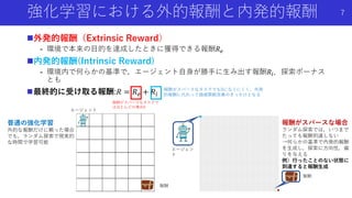 強化学習における外的報酬と内発的報酬
外発的報酬（Extrinsic Reward）
- 環境で本来の目的を達成したときに獲得できる報酬𝑅 𝑒
内発的報酬(Intrinsic Reward)
- 環境内で何らかの基準で，エージェント自身が勝手に生み出す報酬𝑅𝑖．探索ボーナス
とも
最終的に受け取る報酬:𝑅 = 𝑅 𝑒 + 𝑅𝑖
エージェン
ト
報酬
普通の強化学習
外的な報酬だけに頼った場合
でも，ランダム探索で現実的
な時間で学習可能
報酬がスパースな場合
ランダム探索では，いつまで
たっても報酬到達しない
→何らかの基準で内発的報酬
を生成し，探索に方向性，偏
りを与える
例）行ったことのない状態に
到達すると報酬生成
エージェント
報酬
7
報酬がスパースなタスクで
はほとんどの場合0
報酬がスパースなタスクでも0になりにくく，外発
的報酬に代わって価値関数改善のきっかけとなる
 