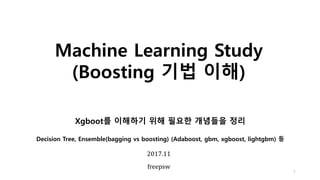 Machine Learning Study
(Boosting 기법 이해)
1
2017.11
freepsw
Xgboot를 이해하기 위해 필요한 개념들을 정리
Decision Tree, Ensemble(bagging vs boosting) (Adaboost, gbm, xgboost, lightgbm) 등
 