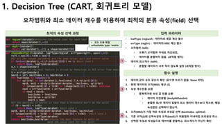 1. Decision Tree (CART, 회귀트리 모델)
오차범위와 최소 데이터 개수를 이용하여 최적의 분류 속성(field) 선택
최적의 속성 선택 과정 입력 파라미터
• leafType (regLeaf) : 데이터의 평균 계산 함수
• errType (regErr) : 데이터의 MSE 계산 함수
• 오차범위 (tolS)
• 오류가 오차범위 이내로 개선되면,
• 데이터를 분할하지 않음. (과적합 방지)
• 데이터 최소개수 (tolN)
• 분할할 데이터가 너무 적지 않도록 설정 (과적합 방지)
함수 설명
1. 데이터 값이 모두 같은지 확인 (같으면 트리가 없음, None 리턴)
2. 현재 데이터의 오차(MSE) 계산 (S)
3. 속성 개수만큼 순환
• 중복제거한 속성 값 만큼 순환
• 데이터 이진분할 (binSplitDataSet)
• 분할한 좌/우 데이터 집합이 최소 데이터 개수보다 적으면, 해당
속성값은 선택하지 않는다.
4. 오차(MSE)가 가장 적은 속성과 속성값 선택 (bestIndex, splitVal)
5. 기존 오차(S)와 선택속성의 오차(bestS)가 허용범위 이내라면 트리생성 취소
6. 선택된 속성과 속성값으로 데이터를 분할하고, 최소개수가 아닌지 확인
1
3
6
• 코드 오류 해결
unhashable type: 'matrix
 