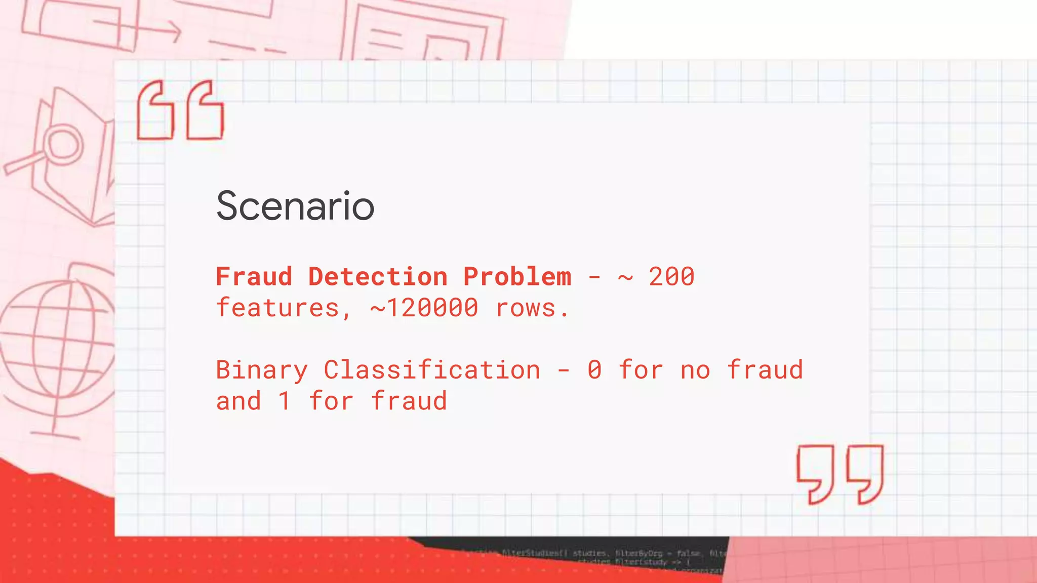 Scenario
Fraud Detection Problem - ~ 200
features, ~120000 rows.
Binary Classification - 0 for no fraud
and 1 for fraud
 