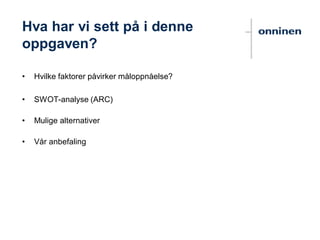 Hva har vi sett på i denne
oppgaven?
• Hvilke faktorer påvirker måloppnåelse?
• SWOT-analyse (ARC)
• Mulige alternativer
• Vår anbefaling
 