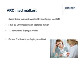 ARC med målkort
• Overordnede mål og strategi for Onninen legges inn i ARC
• I mål- og utviklingssamtalen opprettes målkort
• 1-1 samtaler ca 1 gang pr måned
• Ca hver 3. måned – oppfølging av målkort
 