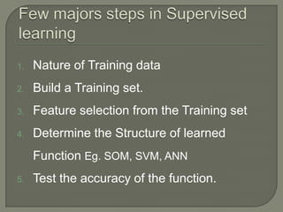 1. Nature of Training data
2. Build a Training set.
3. Feature selection from the Training set
4. Determine the Structure of learned
Function Eg. SOM, SVM, ANN
5. Test the accuracy of the function.
 