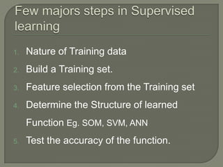1. Nature of Training data
2. Build a Training set.
3. Feature selection from the Training set
4. Determine the Structure ...