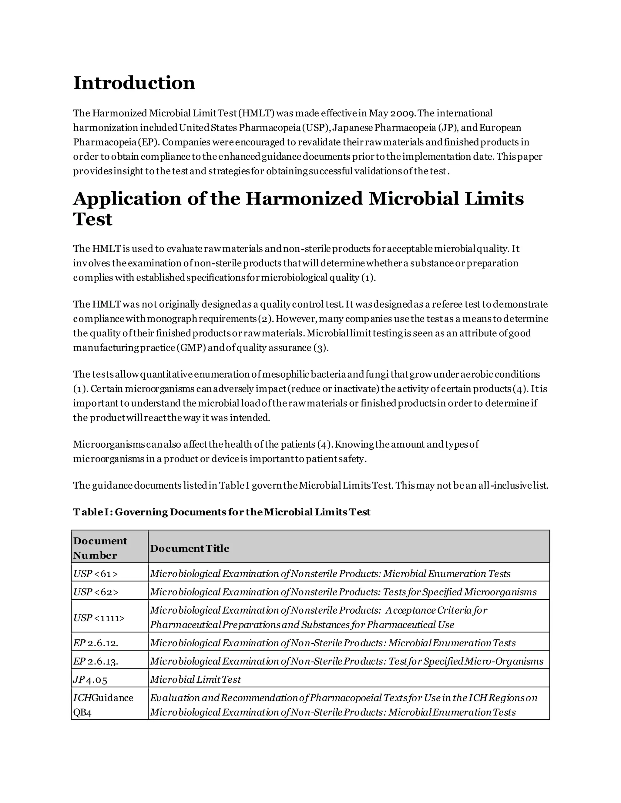 Introduction
The Harmonized Microbial LimitTest(HMLT) was made effectivein May 2009.The international
harmonization includedUnitedStates Pharmacopeia(USP),JapanesePharmacopeia (JP), andEuropean
Pharmacopeia(EP). Companies wereencouraged to revalidate theirrawmaterials andfinishedproducts in
order to obtain complianceto theenhancedguidancedocuments priorto theimplementation date. Thispaper
providesinsight to thetestand strategiesfor obtainingsuccessful validationsofthetest.
Application of the Harmonized Microbial Limits
Test
The HMLTis used to evaluaterawmaterials andnon-sterileproducts foracceptablemicrobialquality. It
involves theexamination ofnon-sterileproducts thatwill determinewhethera substanceorpreparation
complies with establishedspecificationsformicrobiological quality (1).
The HMLTwas not originally designedas a qualitycontrol test.It wasdesignedas a referee test to demonstrate
compliancewithmonographrequirements(2).However,many companies usethe testas a meansto determine
the quality oftheir finishedproductsorrawmaterials.Microbiallimittestingis seen as an attribute ofgood
manufacturingpractice(GMP) andofquality assurance (3).
The testsallowquantitativeenumerationofmesophilic bacteriaandfungi thatgrowunderaerobic conditions
(1). Certain microorganisms canadversely impact(reduce or inactivate) theactivity ofcertain products(4). Itis
important to understand themicrobial loadoftherawmaterials or finishedproductsin orderto determineif
the productwillreacttheway it was intended.
Microorganismscanalso affectthehealth ofthe patients (4).Knowingtheamount andtypesof
microorganisms in a product or deviceis importantto patientsafety.
The guidancedocuments listedin TableI governtheMicrobialLimitsTest. Thismay not bean all-inclusivelist.
T ableI: Governing Documents for theMicrobial Limits Test
Document
Number
DocumentTitle
USP <61> Microbiological Examination ofNonsterile Products: Microbial Enumeration Tests
USP <62> Microbiological Examination ofNonsterileProducts: Tests for Specified Microorganisms
USP <1111>
Microbiological Examination ofNonsterile Products: AcceptanceCriteria for
PharmaceuticalPreparationsand Substances for Pharmaceutical Use
EP 2.6.12. Microbiological Examination ofNon-SterileProducts: MicrobialEnumerationTests
EP 2.6.13. Microbiological Examination ofNon-SterileProducts: Testfor SpecifiedMicro-Organisms
JP 4.05 Microbial LimitTest
ICHGuidance
QB4
Evaluation andRecommendationofPharmacopoeial Textsfor Usein theICHRegionson
Microbiological Examination ofNon-SterileProducts: MicrobialEnumerationTests
 