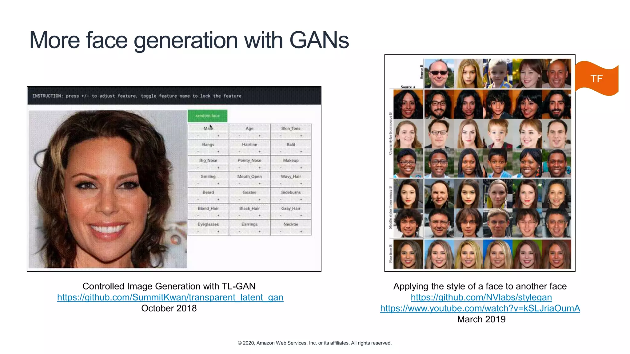 © 2020, Amazon Web Services, Inc. or its affiliates. All rights reserved.
More face generation with GANs
Controlled Image Generation with TL-GAN
https://github.com/SummitKwan/transparent_latent_gan
October 2018
Applying the style of a face to another face
https://github.com/NVlabs/stylegan
https://www.youtube.com/watch?v=kSLJriaOumA
March 2019
TF
 