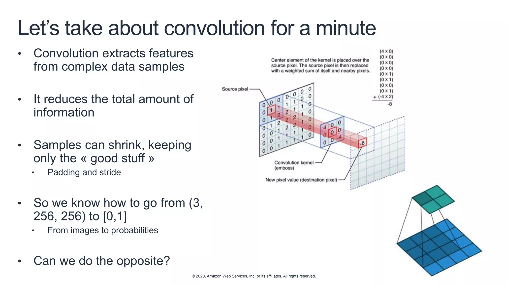 © 2020, Amazon Web Services, Inc. or its affiliates. All rights reserved.
Let’s take about convolution for a minute
• Convolution extracts features
from complex data samples
• It reduces the total amount of
information
• Samples can shrink, keeping
only the « good stuff »
• Padding and stride
• So we know how to go from (3,
256, 256) to [0,1]
• From images to probabilities
• Can we do the opposite?
 