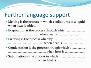 Further language support 
 Melting is the process in which a solid turns to a liquid 
when heat is added. 
 Evaporation is the process through which ..................... 
..................................... when heat is ........................ 
 Freezing is the process whereby ...................................... 
.......................................... when heat is ........................... 
 Condensation is the process through which .................. 
............................................. when heat is ........................ 
 Sublimation is the process in which ............................... 
................................... when heat is .................................. 
 