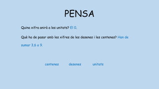 PENSA
Quina xifra anirà a les unitats? El 0.
Què ha de pasar amb les xifres de les desenes i les centenes? Han de
sumar 3,6 o 9.
centenes desenes unitats
 