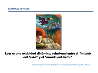 Leer es una actividad dinámica, relacional entre el  “mundo del texto”  y el  “mundo del lector”  Mundo del texto y mundo del lector  son conceptos desarrollados por Paul Ricoeur 
