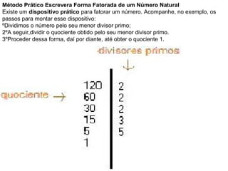 Método Prático Escrevera Forma Fatorada de um Número Natural
Existe um dispositivo prático para fatorar um número. Acompanhe, no exemplo, os
passos para montar esse dispositivo:
ºDividimos o número pelo seu menor divisor primo;
2ºA seguir,dividir o quociente obtido pelo seu menor divisor primo.
3ºProceder dessa forma, daí por diante, até obter o quociente 1.
 