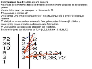 Determinação dos divisores de um número
Na prática determinamos todos os divisores de um número utilizando os seus fatores
primos.
Vamos determinar, por exemplo, os divisores de 72:
1ºFatoramos o número 72.
2ºTraçamos uma linha e escrevemos o 1 no alto, porque ele é divisor de qualquer
número.
3º Multiplicamos sucessivamente cada fator primo pelos divisores já obtidos e
escrevemos esses produtos ao lado de cada fator primo.
4º Os divisores já obtidos não precisam ser repetidos.
Então o conjunto dos divisores de 72 = {1,2,3,4,6,8,9,12,18,36,72}
 