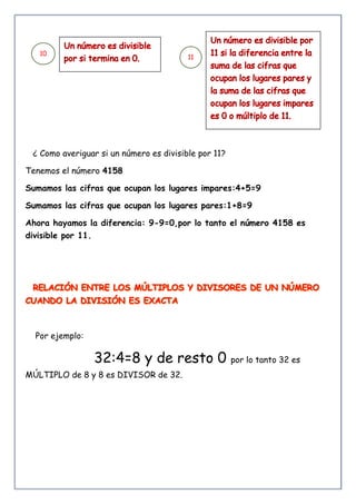 ¿ Como averiguar si un número es divisible por 11?
Tenemos el número 4158
Sumamos las cifras que ocupan los lugares impares:4+5=9
Sumamos las cifras que ocupan los lugares pares:1+8=9
Ahora hayamos la diferencia: 9-9=0,por lo tanto el número 4158 es
divisible por 11.
Por ejemplo:
32:4=8 y de resto 0 por lo tanto 32 es
MÚLTIPLO de 8 y 8 es DIVISOR de 32.
10
0
0
11
 