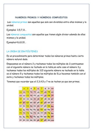 Los números primos son aquellos que solo son divisibles entre ellos mismos y la
unidad.
Ejemplos: 3,5,7,11…
Los números compuestos son aquellos que tienen algún divisor además de ellos
mismos y la unidad.
Ejemplos:4,6,8,10…
LA CRIBA DE ERATÓSTENES
Es un procedimiento para determinar todos los números primos hasta cierto
número natural dado.
Empezamos en el número 2 y tachamos todos los múltiplos de 2;continuamos
con el siguiente número no tachado en la tabla,en este caso el número 3,y
tachamos todos los múltiplos de 3.El siguiente número no tachado en la tabla
es el número 5 y tachamos todos los múltiplos de 5.Lo hacemos también con el
siete y tachamos todos los múltiplos.
Tenemos que recordar que el 2,3,4,5 y 7 no se tachan ya que son primos.
 