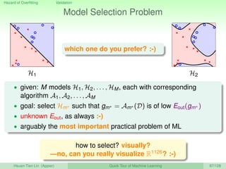 Hazard of Overﬁtting Validation
Model Selection Problem
H1
which one do you prefer? :-)
H2
• given: M models H1, H2, . . ....