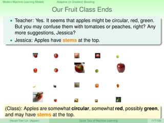 Modern Machine Learning Models Adaptive (or Gradient) Boosting
Our Fruit Class Ends
• Teacher: Yes. It seems that apples m...