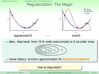 Hazard of Overﬁtting Data Manipulation and Regularization
Regularization: The Magic
x
y
‘regularized ﬁt’ ⇐=
x
y
Data
Target
Fit
overﬁt
• idea: ‘step back’ from 10-th order polynomials to 2-nd order ones
H0 H1 H2 H3 · · ·
• name history: function approximation for ill-posed problems
how to step back?
Hsuan-Tien Lin (Appier) Quick Tour of Machine Learning 83/128
 