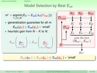 Hazard of Overﬁtting Validation
Model Selection by Best Eval
m∗
= argmin
1≤m≤M
(Em = Eval(Am(Dtrain)))
• generalization guarantee for all m:
Eout(g−
m) ≤ Eval(g−
m) + ‘small
• heuristic gain from N − K to N:
Eout


 gm∗
Am∗ (D)


 ≤ Eout


 g−
m∗
Am∗ (Dtrain)



H1 H2 HM
g1 g2 gM· · ·
· · ·
E1 · · · EM
Dval
Dtrain
gm∗
E2
(Hm∗ , Em∗ )
pick the best
D
Eout(gm∗ ) ≤ Eout(g−
m∗ ) ≤ Eval(g−
m∗ ) + ‘small
Hsuan-Tien Lin (Appier) Quick Tour of Machine Learning 89/128
 