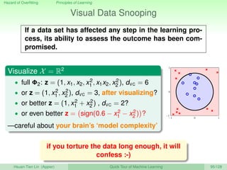 Hazard of Overﬁtting Principles of Learning
Visual Data Snooping
If a data set has affected any step in the learning pro-
cess, its ability to assess the outcome has been com-
promised.
Visualize X = R2
• full Φ2: z = (1, x1, x2, x2
1 , x1x2, x2
2 ), dVC = 6
• or z = (1, x2
1 , x2
2 ), dVC = 3, after visualizing?
• or better z = (1, x2
1 + x2
2 ) , dVC = 2?
• or even better z = sign(0.6 − x2
1 − x2
2 ) ?
—careful about your brain’s ‘model complexity’
−1 0 1
−1
0
1
if you torture the data long enough, it will
confess :-)
Hsuan-Tien Lin (Appier) Quick Tour of Machine Learning 95/128
 