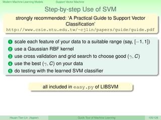 Modern Machine Learning Models Support Vector Machine
Step-by-step Use of SVM
strongly recommended: ‘A Practical Guide to Support Vector
Classiﬁcation’
http://www.csie.ntu.edu.tw/~cjlin/papers/guide/guide.pdf
1 scale each feature of your data to a suitable range (say, [−1, 1])
2 use a Gaussian RBF kernel
3 use cross validation and grid search to choose good (γ, C)
4 use the best (γ, C) on your data
5 do testing with the learned SVM classiﬁer
all included in easy.py of LIBSVM
Hsuan-Tien Lin (Appier) Quick Tour of Machine Learning 105/128
 