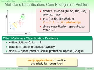 Learning from Data Types of Machine Learning
Multiclass Classiﬁcation: Coin Recognition Problem
25
5
1
Mass
Size
10
• classify US coins (1c, 5c, 10c, 25c)
by (size, mass)
• Y = {1c, 5c, 10c, 25c}, or
Y = {1, 2, · · · , K} (abstractly)
• binary classiﬁcation: special case
with K = 2
Other Multiclass Classiﬁcation Problems
• written digits ⇒ 0, 1, · · · , 9
• pictures ⇒ apple, orange, strawberry
• emails ⇒ spam, primary, social, promotion, update (Google)
many applications in practice,
especially for ‘recognition’
Hsuan-Tien Lin (Appier) Quick Tour of Machine Learning 18/128
 