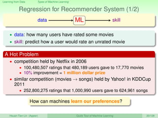 Learning from Data Types of Machine Learning
Regression for Recommender System (1/2)
data ML skill
• data: how many users have rated some movies
• skill: predict how a user would rate an unrated movie
A Hot Problem
• competition held by Netﬂix in 2006
• 100,480,507 ratings that 480,189 users gave to 17,770 movies
• 10% improvement = 1 million dollar prize
• similar competition (movies → songs) held by Yahoo! in KDDCup
2011
• 252,800,275 ratings that 1,000,990 users gave to 624,961 songs
How can machines learn our preferences?
Hsuan-Tien Lin (Appier) Quick Tour of Machine Learning 20/128
 