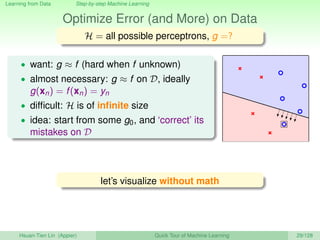 Learning from Data Step-by-step Machine Learning
Optimize Error (and More) on Data
H = all possible perceptrons, g =?
• want: g ≈ f (hard when f unknown)
• almost necessary: g ≈ f on D, ideally
g(xn) = f(xn) = yn
• difﬁcult: H is of inﬁnite size
• idea: start from some g0, and ‘correct’ its
mistakes on D
let’s visualize without math
Hsuan-Tien Lin (Appier) Quick Tour of Machine Learning 29/128
 