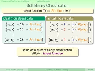 Fundamental Machine Learning Models Logistic Regression
Soft Binary Classiﬁcation
target function f(x) = P(+1|x) ∈ [0, 1]
ideal (noiseless) data
x1, y1 = 0.9 = P(+1|x1)
x2, y2 = 0.2 = P(+1|x2)
...
xN, yN = 0.6 = P(+1|xN)
actual (noisy) data
x1, y1 = 1 = ◦
?
∼ P(y|x1)
x2, y2 = 0 = ◦
?
∼ P(y|x2)
...
xN, yN = 0 = ◦
?
∼ P(y|xN)
same data as hard binary classiﬁcation,
different target function
Hsuan-Tien Lin (Appier) Quick Tour of Machine Learning 46/128
 