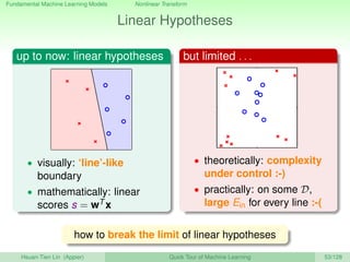 Fundamental Machine Learning Models Nonlinear Transform
Linear Hypotheses
up to now: linear hypotheses
• visually: ‘line’-like
boundary
• mathematically: linear
scores s = wT x
but limited . . .
−1 0 1
−1
0
1
• theoretically: complexity
under control :-)
• practically: on some D,
large Ein for every line :-(
how to break the limit of linear hypotheses
Hsuan-Tien Lin (Appier) Quick Tour of Machine Learning 53/128
 