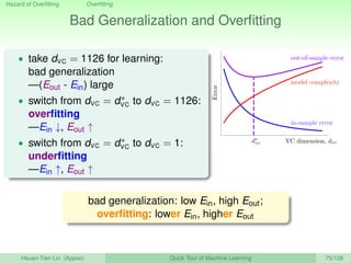 Hazard of Overﬁtting Overﬁtting
Bad Generalization and Overﬁtting
• take dVC = 1126 for learning:
bad generalization
—(Eout - Ein) large
• switch from dVC = d∗
VC to dVC = 1126:
overﬁtting
—Ein ↓, Eout ↑
• switch from dVC = d∗
VC to dVC = 1:
underﬁtting
—Ein ↑, Eout ↑
in-sample error
model complexity
out-of-sample error
VC dimension, dvc
Error
d∗
vc
bad generalization: low Ein, high Eout;
overﬁtting: lower Ein, higher Eout
Hsuan-Tien Lin (Appier) Quick Tour of Machine Learning 75/128
 
