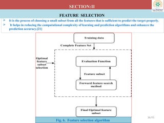  It is the process of choosing a small subset from all the features that is sufficient to predict the target properly.
 It helps in reducing the computational complexity of learning and prediction algorithms and enhances the
prediction accuracy.[21]
SECTION:II
FEATURE SELECTION
36/93
Fig. 6. Feature selection algorithm
 