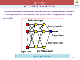 ARTIFICIAL NEURAL NETWORK
 Computational model, simulates structure & functional aspects of biological neural network
 Multilayer feedforward neural network with gradient descent backpropagation training
algorithm[28]
SECTION:II
44/93
Fig. 10. ANN structure
 