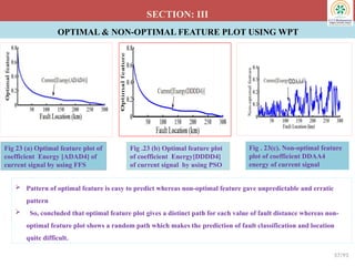 OPTIMAL & NON-OPTIMAL FEATURE PLOT USING WPT
SECTION: III
Fig 23 (a) Optimal feature plot of
coefficient Energy [ADAD4] of
current signal by using FFS
Fig .23 (b) Optimal feature plot
of coefficient Energy[DDDD4]
of current signal by using PSO
57/93
Fig . 23(c). Non-optimal feature
plot of coefficient DDAA4
energy of current signal
 Pattern of optimal feature is easy to predict whereas non-optimal feature gave unpredictable and erratic
pattern
 So, concluded that optimal feature plot gives a distinct path for each value of fault distance whereas non-
optimal feature plot shows a random path which makes the prediction of fault classification and location
quite difficult.
 