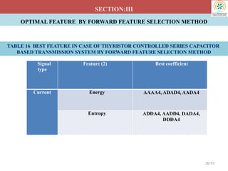 OPTIMAL FEATURE BY FORWARD FEATURE SELECTION METHOD
SECTION:III
Signal
type
Feature (2) Best coefficient
Current Energy AAAA4, ADAD4, AADA4
Entropy ADDA4, AADD4, DADA4,
DDDA4
78/93
TABLE 16 BEST FEATURE IN CASE OF THYRISTOR CONTROLLED SERIES CAPACITOR
BASED TRANSMISSION SYSTEM BY FORWARD FEATURE SELECTION METHOD
 