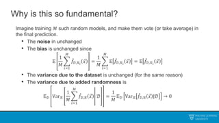 Why is this so fundamental?
Imagine training 𝑀 such random models, and make them vote (or take average) in
the final prediction.
• The noise in unchanged
• The bias is unchanged since
𝔼
1
𝑀
𝑖=1
𝑀
𝑓𝒟,ℛ𝑖
𝑥 =
1
𝑀
𝑖=1
𝑀
𝔼 𝑓𝒟,ℛ𝑖
𝑥 = 𝔼 𝑓𝒟,ℛ𝑖
𝑥
• The variance due to the dataset is unchanged (for the same reason)
• The variance due to added randomness is
𝔼𝒟 Varℛ
1
𝑀
𝑖=1
𝑀
𝑓𝒟,ℛ 𝑥 𝒟 =
1
𝑀
𝔼𝒟 Varℛ 𝑓𝒟,ℛ 𝑥 |𝒟 → 0
 