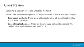 Class Review
Welcome to Decision Trees and Ensemble Methods!
In this class, we will investigate two closely intertwined machine learning concepts:
• Tree based methods: These are a fairly simple set of ML algorithms that allow
you to make predictions.
• Ensembling techniques: These are the ways you can combine several ML
models into a single one to make predictions.
 